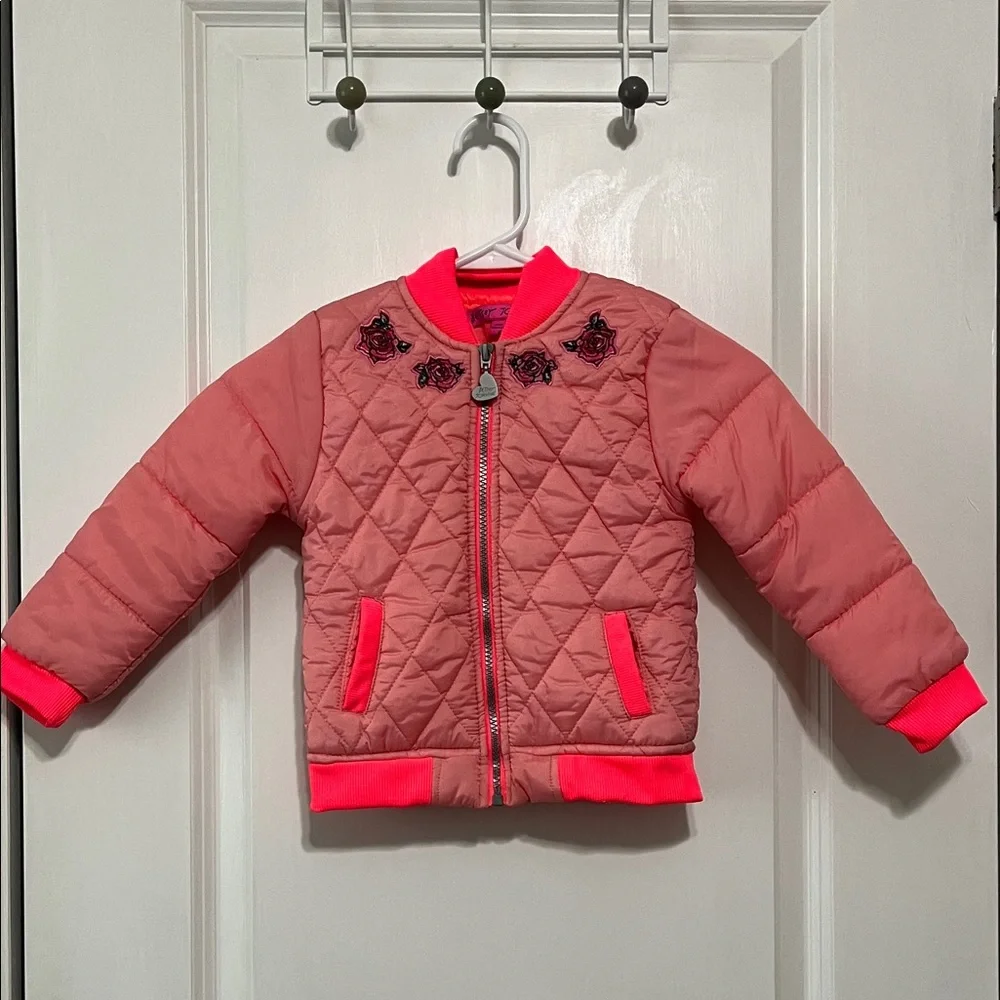 Betsey Johnson Girls Coral Pink Floral Quilted Puffer Jacket Sz 4 - Picture 1 of 6